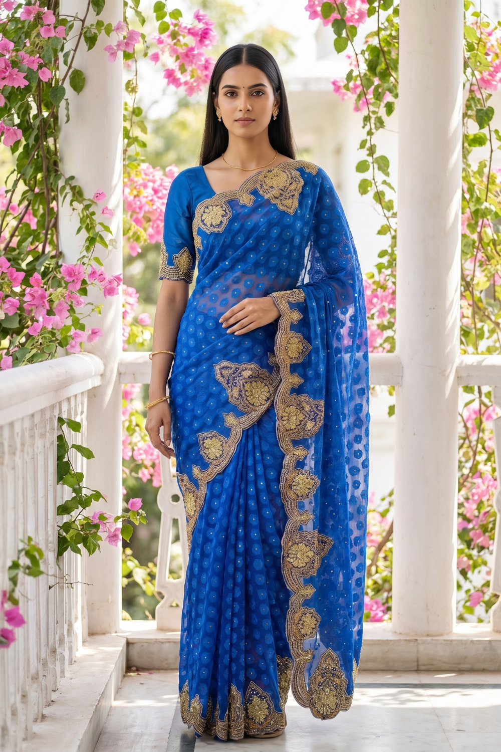 Royal Blue Kora Silk Embroidered Saree - Hero View