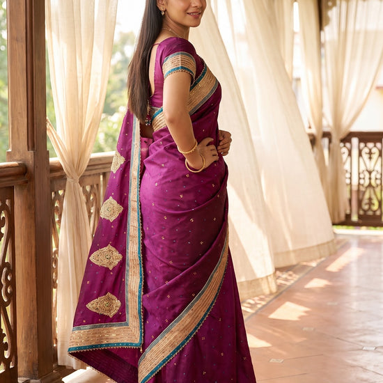 Magenta Dola Embroidered Saree - Side View