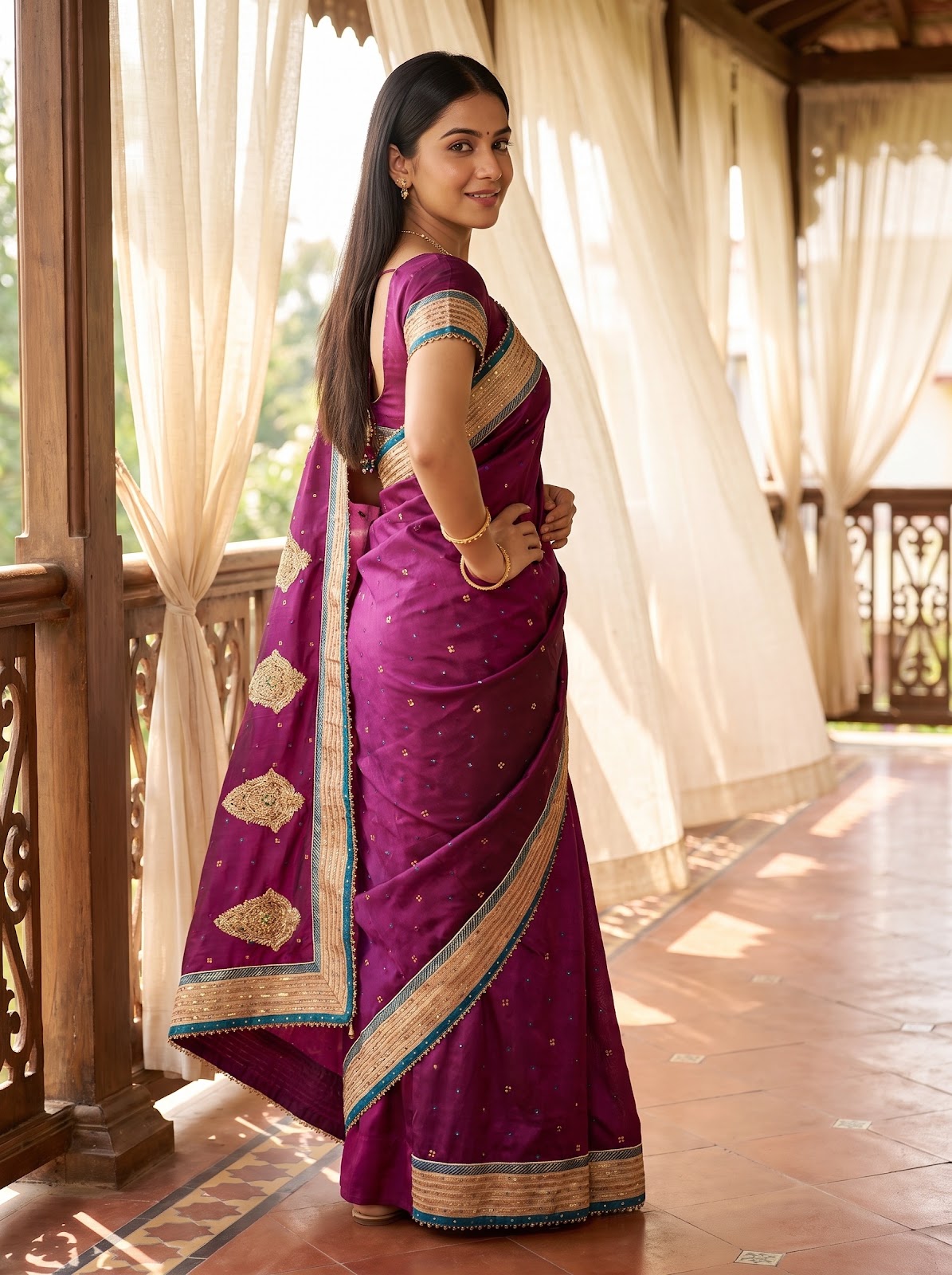 Magenta Dola Embroidered Saree - Side View