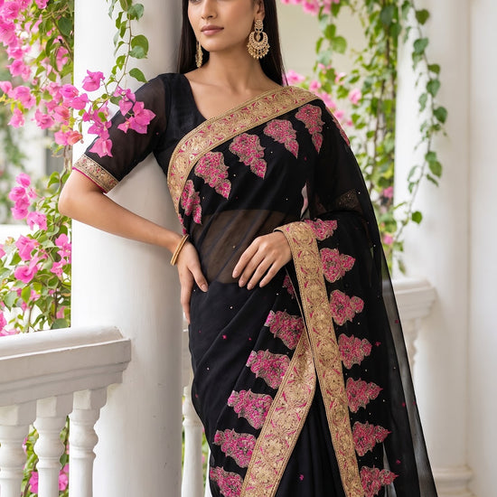 Black Chiffon Embroidered Saree - Mood Shot