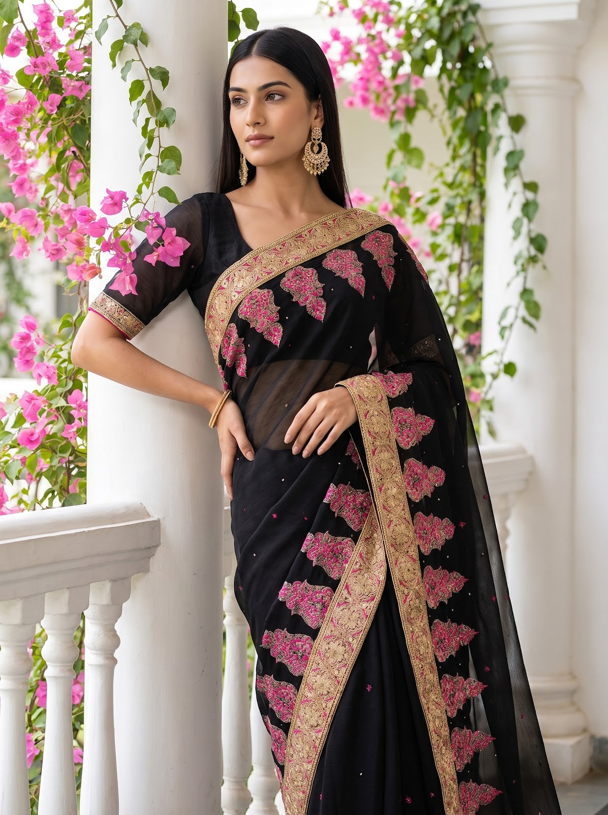 Black Chiffon Embroidered Saree - Mood Shot