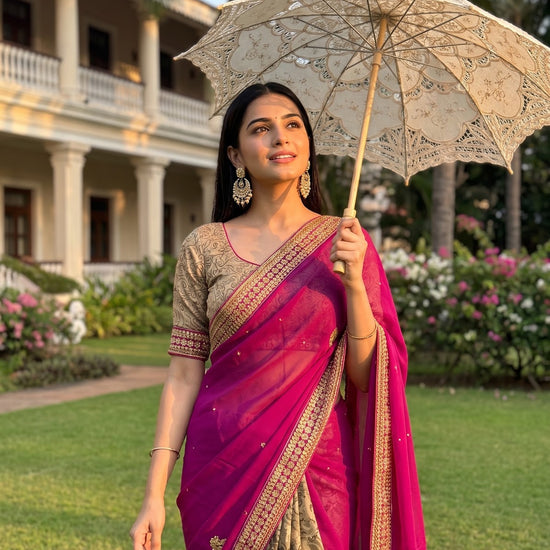 Magenta Georgette Crepe Embroidered Saree - Mood Shot