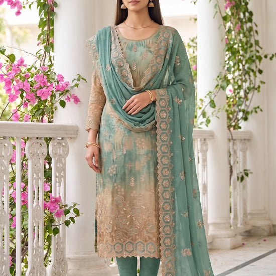 Tussar mint green unstitched suit - AI styled lifestyle shot