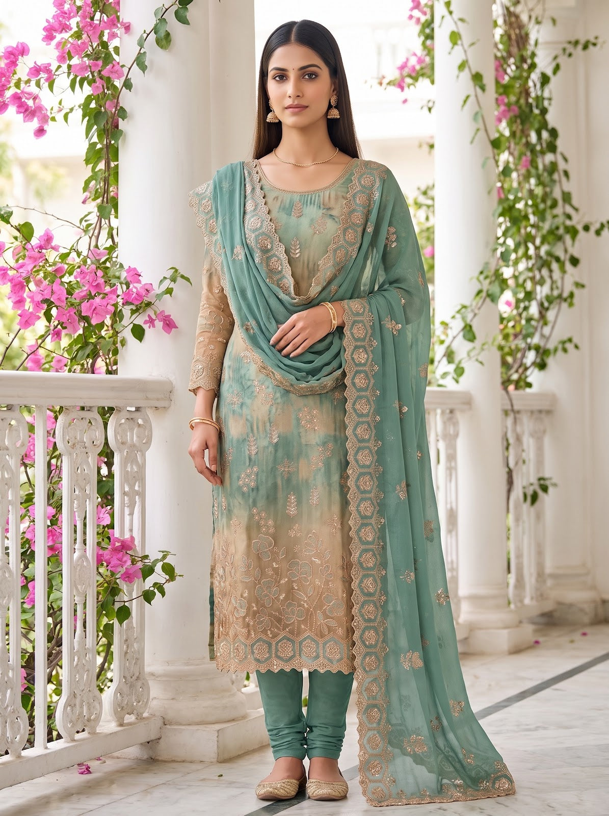 Tussar mint green unstitched suit - AI styled lifestyle shot