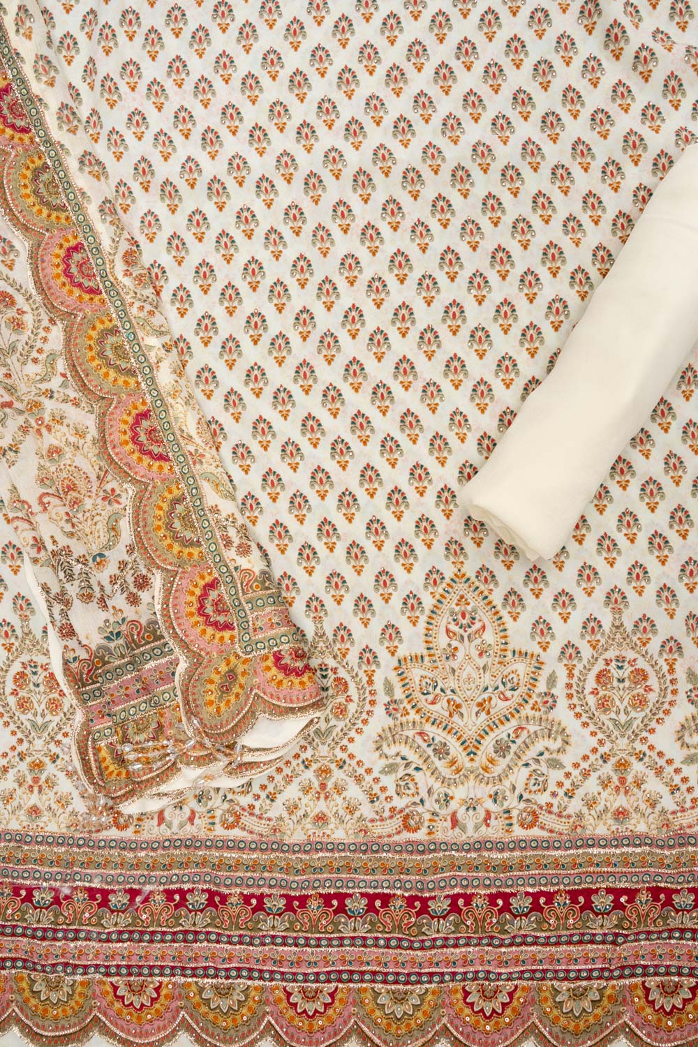 Off White Crepe Unstitched Salwar Suit - Closeup detail