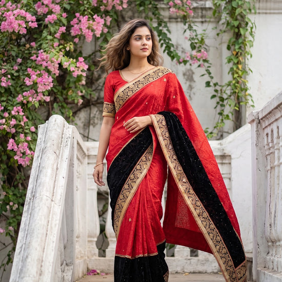 Red Crepe Embroidered Saree - Mood Shot