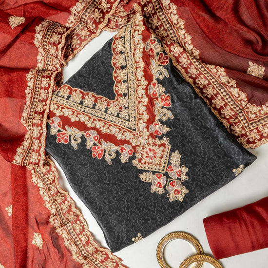 UN8807-RTC-540752 Black Maroon Unstitched Suit embroidery detail