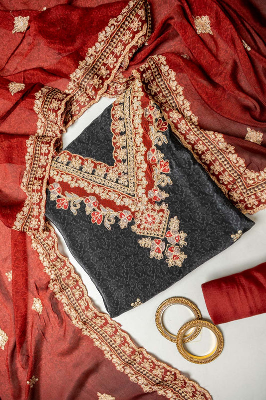 UN8807-RTC-540752 Black Maroon Unstitched Suit embroidery detail