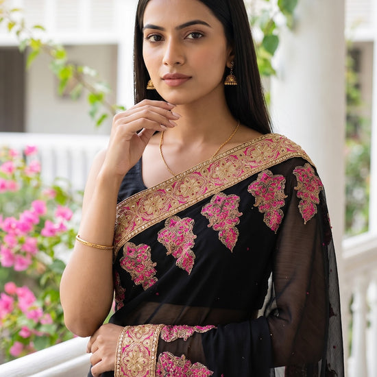 Black Chiffon Embroidered Saree - Embroidery Closeup