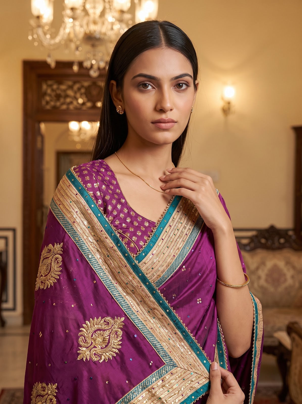 Magenta Dola Embroidered Saree - Embroidery Closeup