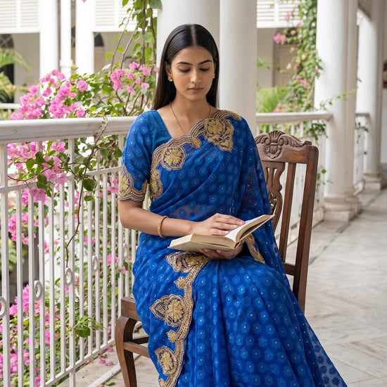 Royal Blue Kora Silk Embroidered Saree - Mood Shot