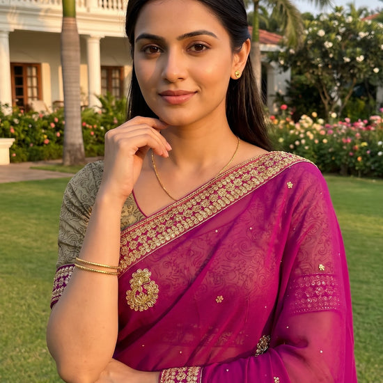Magenta Georgette Crepe Embroidered Saree - Embroidery Closeup