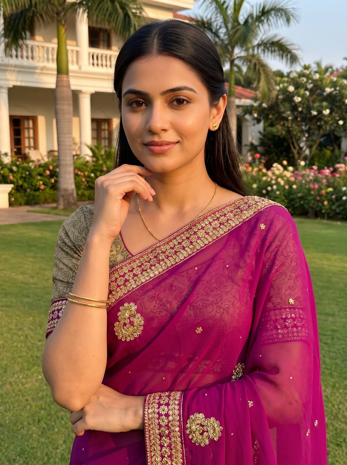 Magenta Georgette Crepe Embroidered Saree - Embroidery Closeup