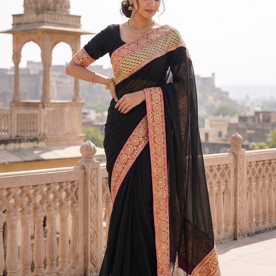 Black Georgette Embroidered Saree - Full Drape