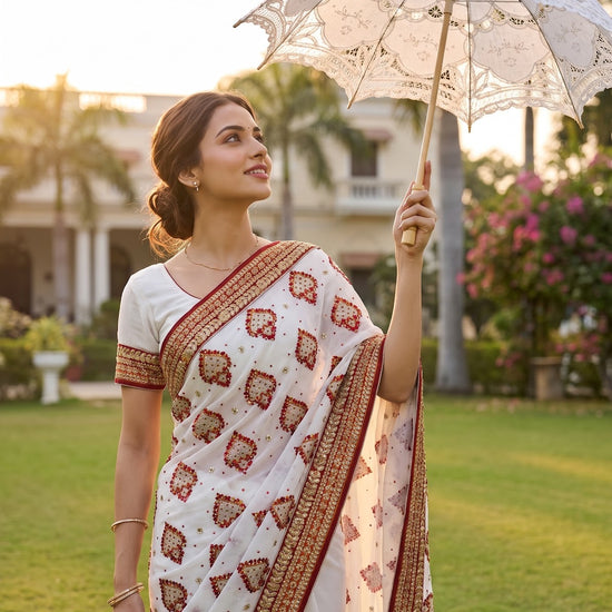 White Georgette Embroidered Saree - Mood Shot