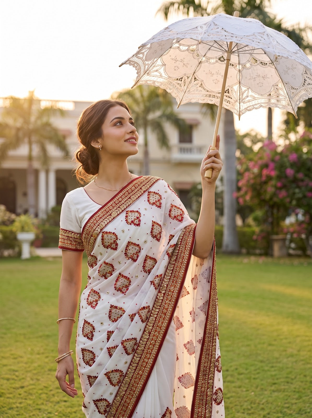 White Georgette Embroidered Saree - Mood Shot