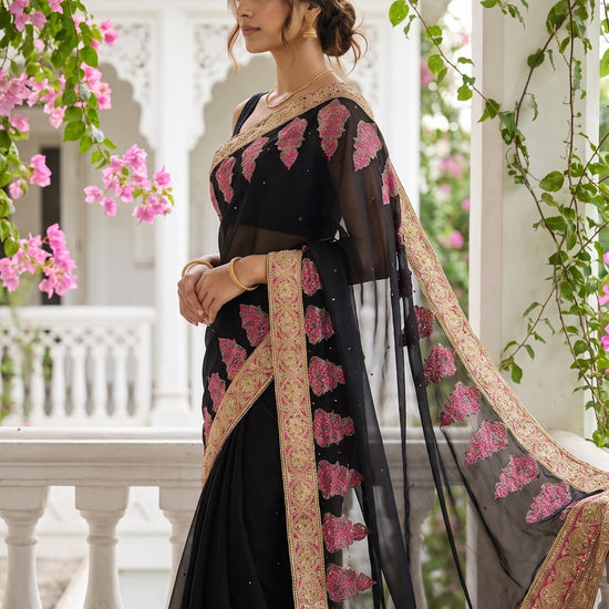 Black Chiffon Embroidered Saree - Side View