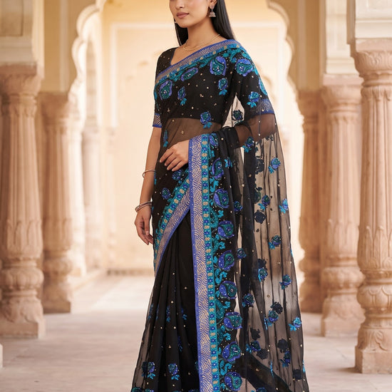 Black Chiffon Embroidered Saree - Side View