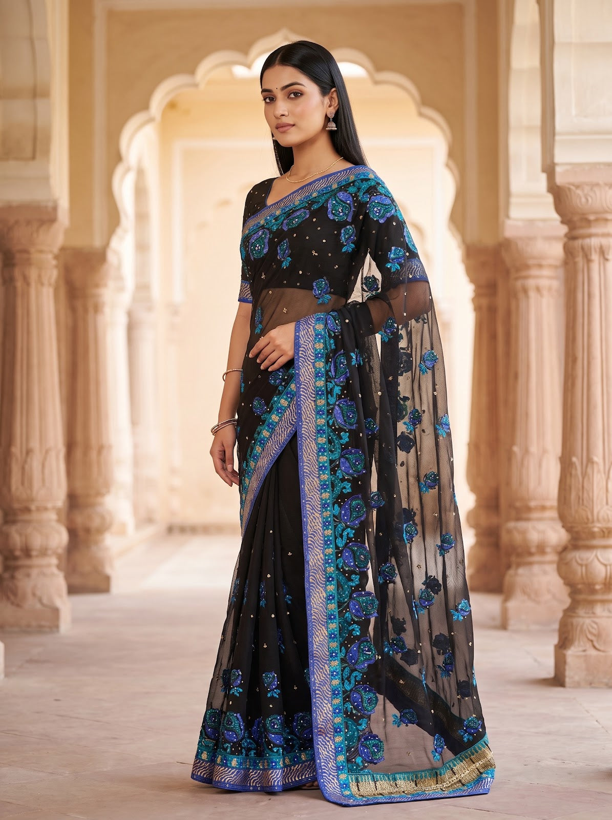 Black Chiffon Embroidered Saree - Side View