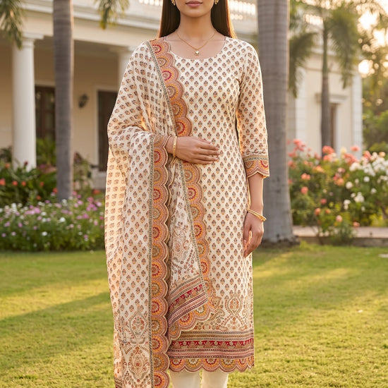 Off White Crepe Unstitched Salwar Suit - AI model