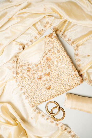 Timeless Beauty Tussar Crepe Unstitched Salwar Suit With Crepe Dupatta