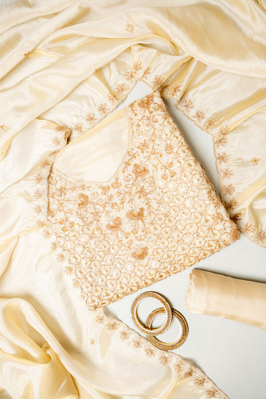 Timeless Beauty Tussar Crepe Unstitched Salwar Suit With Crepe Dupatta