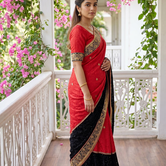 Red Crepe Embroidered Saree - Side View