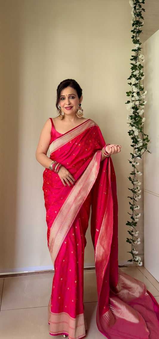 Timeless Elegance Rani Bandhani Gharchola Zari Border Banarasi Silk Saree With Unstitched Blouse (Ft:-Anjan Prasad)