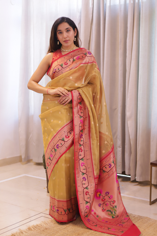 Gold Woven Zari & Paithani Border Tissue Saree With Unstitched Blouse (Ft:-Mahima Khanchandani)