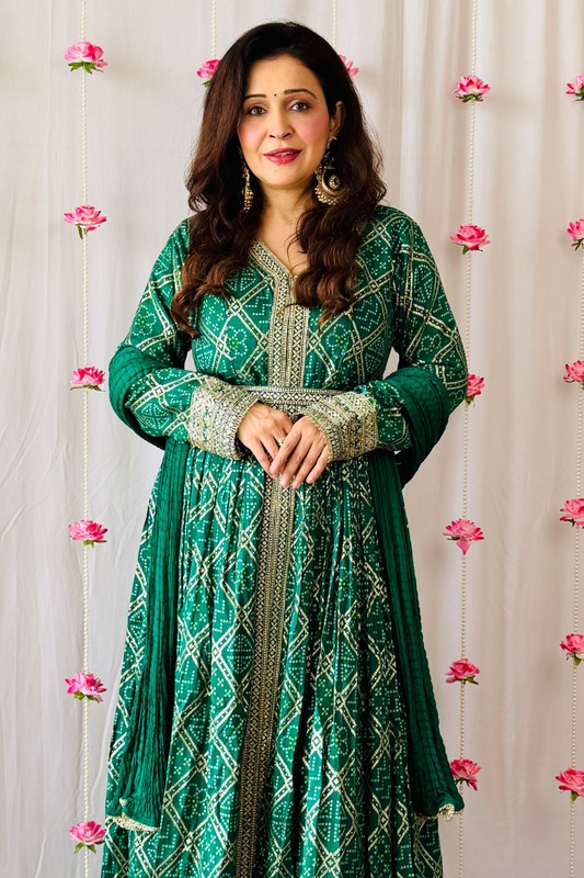 Bottle Green Dolna Floor Length Readymade Suit And Pant With Chinon Dupatta (Ft:-Anjan Prasad)