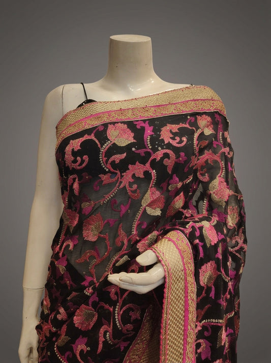 Black Chiffon Embroidered Saree With Unstitched Blouse