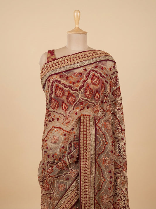 Ivory Net Embroidered Saree With Unstitched Blouse