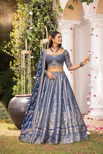 Breathtaking Midnight Blue Lehenga Set With Tissue Dupatta & Readymade Blouse