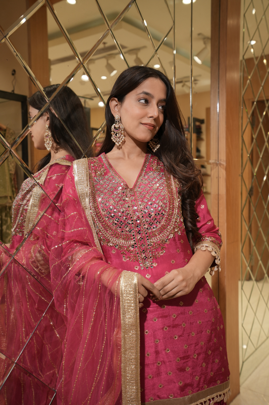 Rani Dolna Readymade Sharara Set With Net Dupatta (Ft:-Muskan Sharma)