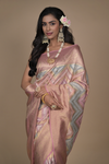 Peach Georgette Banarasi Woven Zari Saree With Unstitched Blouse