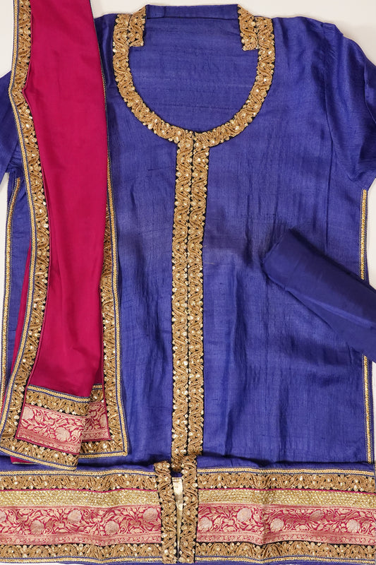 Royal Blue Rani Tussar Chinon Semi Stitched Salwar Suit With Dupatta