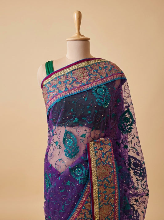 Garnet Net Embroidered Saree With Unstitched Blouse
