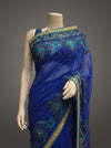 Royal Blue Chiffon Embroidered Saree With Unstitched Blouse