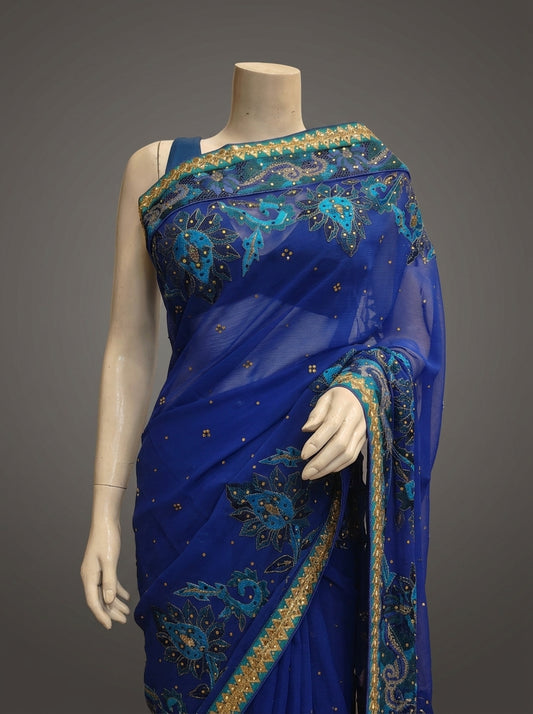 Royal Blue Chiffon Embroidered Saree With Unstitched Blouse