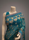 Rama Georgette Embroidered Saree With Unstitched Blouse