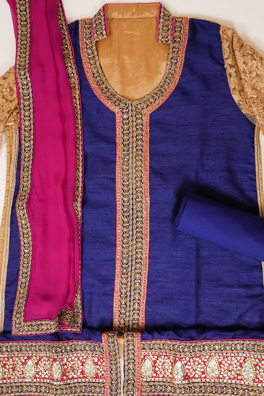 Royal Blue Tussar Semi Stitched Salwar Suit With Dupatta