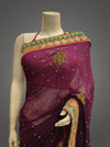 Wine Georgette Embroidered Saree With Unstitched Blouse