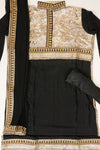 Black Tussar Jacquard Crepe Net Semi Stitched Salwar Suit With Dupatta