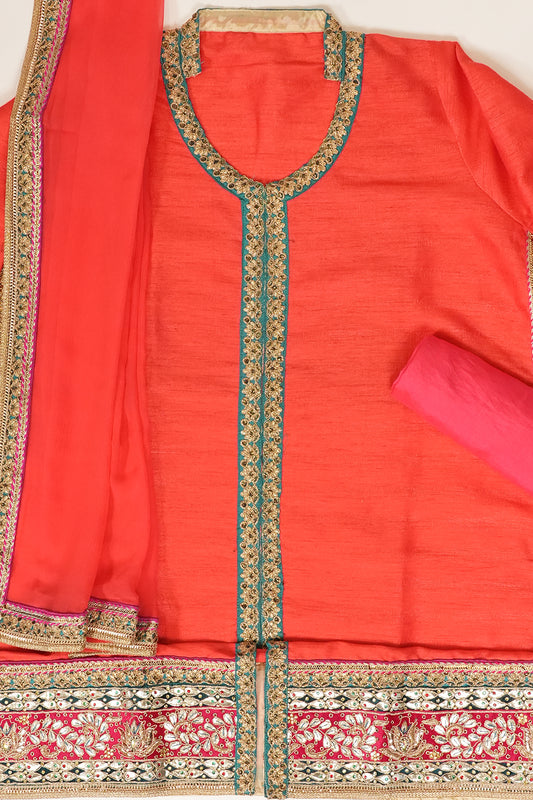 Peach Tussar Semi Stitched Salwar Suit With Dupatta