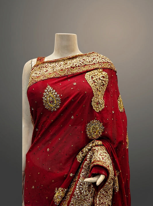 Maroon Tussar Georgette Net Embroidered Saree With Unstitched Blouse