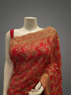 Red Georgette Embroidered Saree With Unstitched Blouse