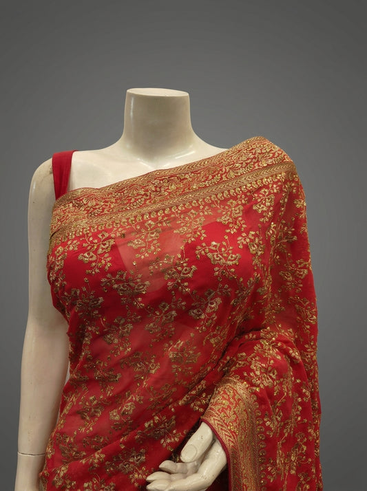 Red Georgette Embroidered Saree With Unstitched Blouse