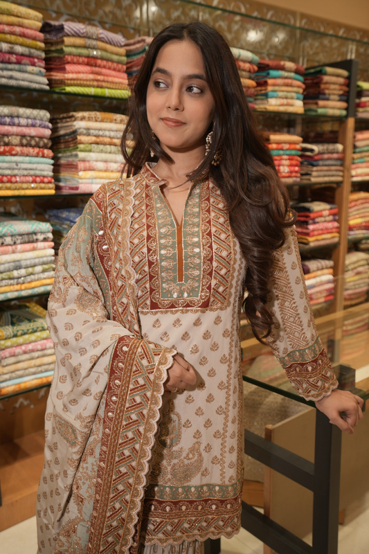 Tussar Crepe Readymade Sharara Set With Crepe Dupatta (Ft:-Muskan Sharma)