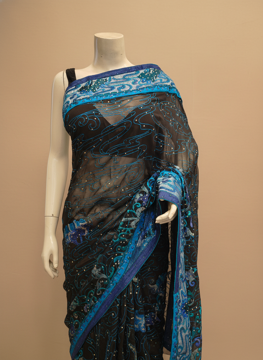 Black Chiffon Embroidered Saree With Unstitched Blouse