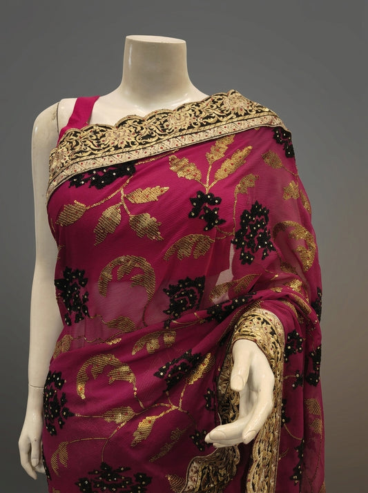 Magenta Chiffon Embroidered Saree With Unstitched Blouse